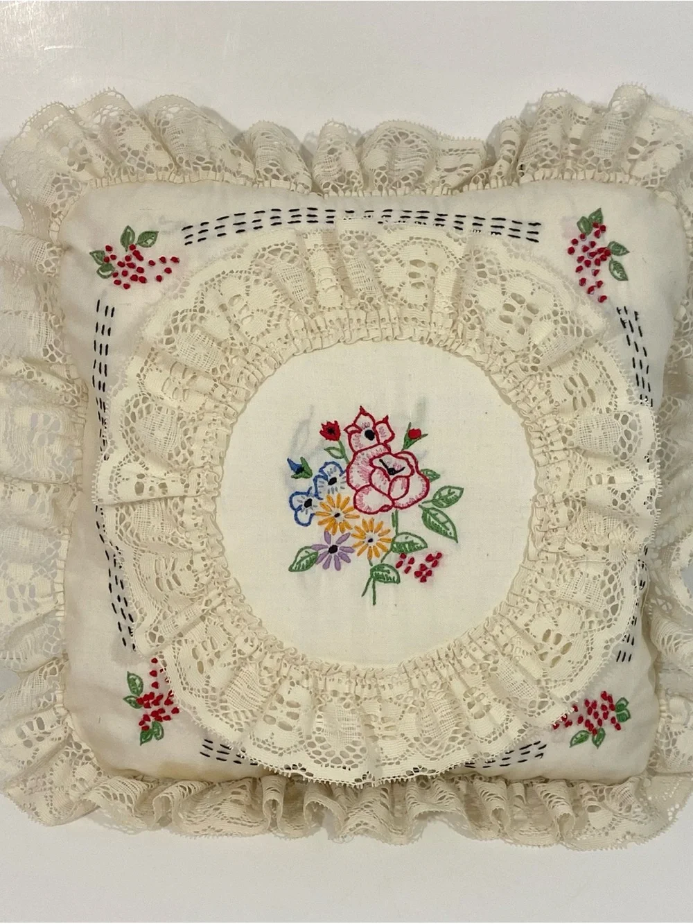 Vintage Hand-Embroidered Lace Decorative Throw Pillow - Cream with Floral Motif